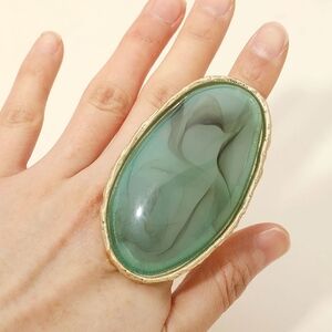 Green Stone Oval Statement Ring - Unbranded